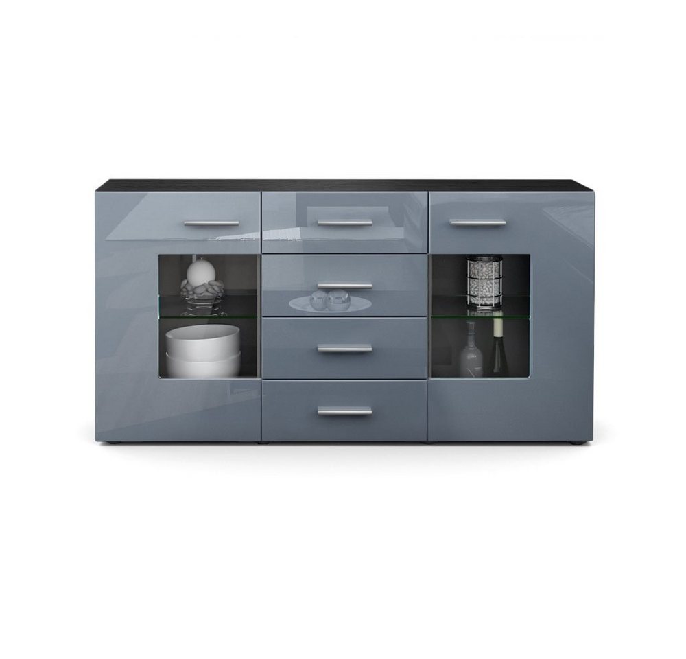 Vladon Sideboard Grömitz (Kommode mit 2 Türen, 4 Schubladen und 2 flexible Glaseinlegeböden), Schwarz matt/Grau Hochglanz (139 x 72 x 35) von Vladon