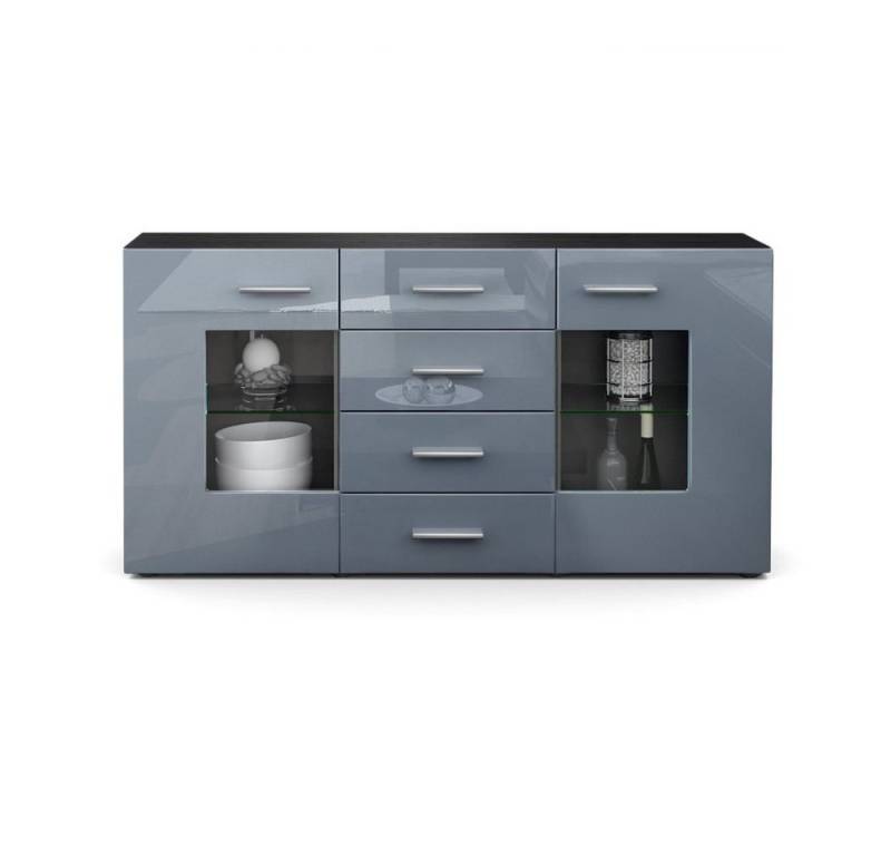Vladon Sideboard Grömitz V1 (Kommode mit 2 Türen, 4 Schubladen und 2 flexible Glaseinlegeböden), Schwarz matt/Grau Hochglanz (139 x 72 x 35) von Vladon