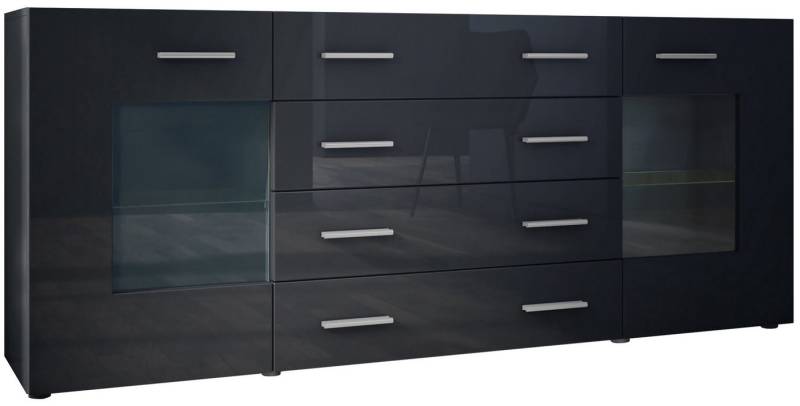 Vladon Sideboard Grömitz V2 (Kommode mit 2 Türen, 4 Schubladen und 2 flexible Glaseinlegeböden), Schwarz matt/Schwarz Hochglanz (166 x 72 x 35) von Vladon