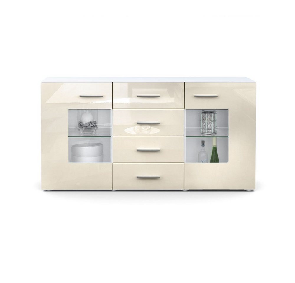 Vladon Sideboard Grömitz (Kommode mit 2 Türen, 4 Schubladen und 2 flexible Glaseinlegeböden), Weiß matt/Creme Hochglanz (139 x 72 x 35) von Vladon