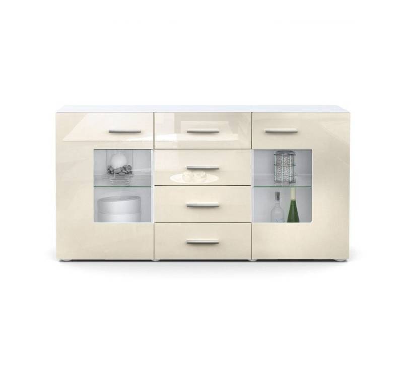 Vladon Sideboard Grömitz V1 (Kommode mit 2 Türen, 4 Schubladen und 2 flexible Glaseinlegeböden), Weiß matt/Creme Hochglanz (139 x 72 x 35) von Vladon