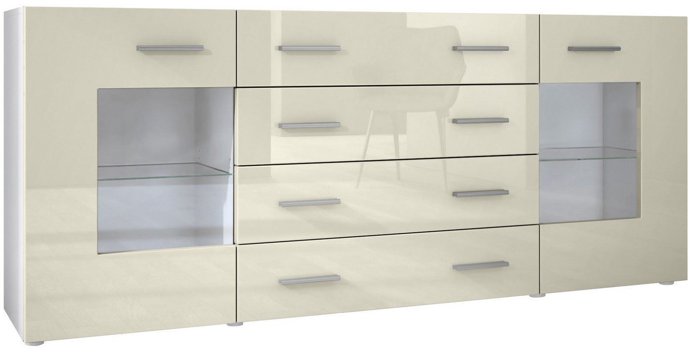 Vladon Sideboard Grömitz (Kommode mit 2 Türen, 4 Schubladen und 2 flexible Glaseinlegeböden), Weiß matt/Creme Hochglanz (166 x 72 x 35) von Vladon