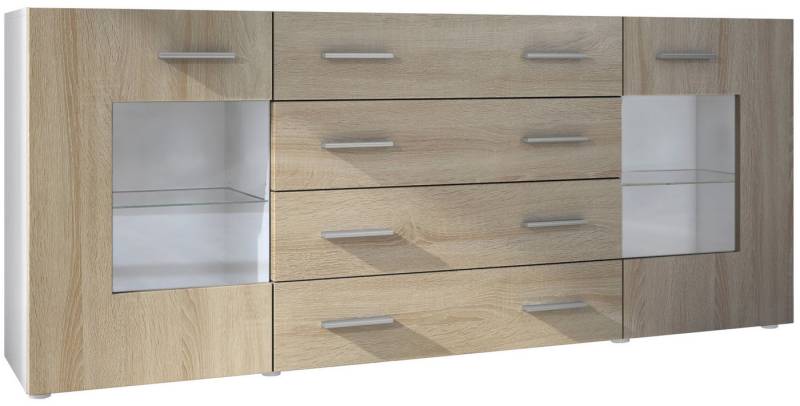 Vladon Sideboard Grömitz (Kommode mit 2 Türen, 4 Schubladen und 2 flexible Glaseinlegeböden), Weiß matt/Eiche sägerau (166 x 72 x 35) von Vladon