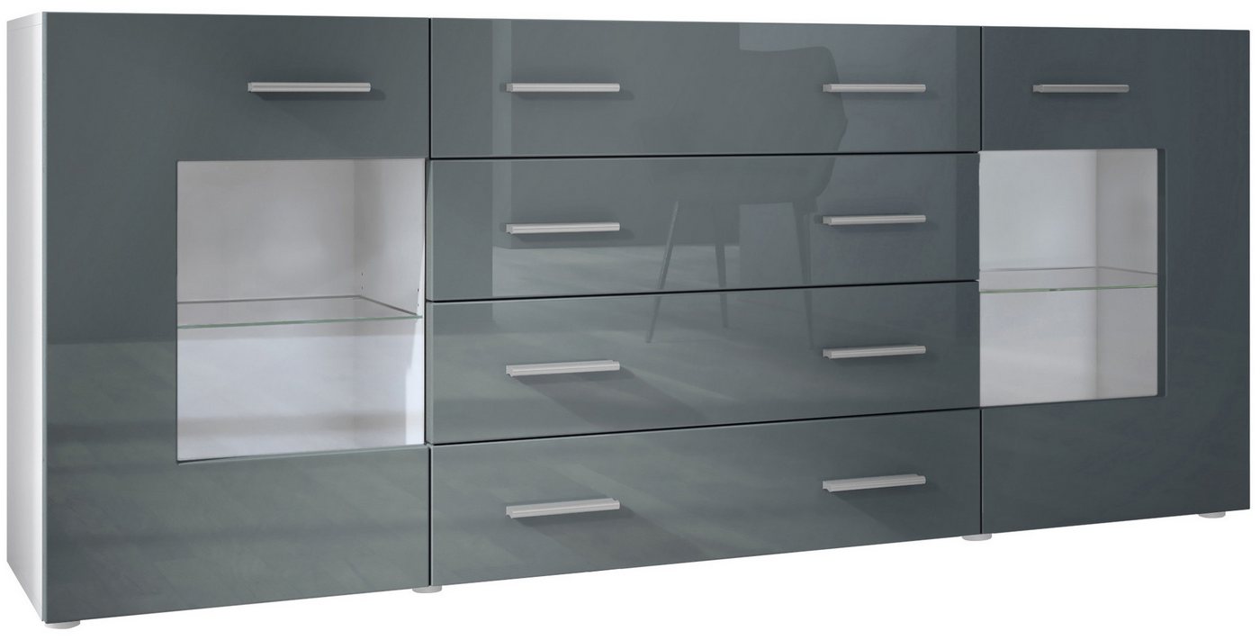 Vladon Sideboard Grömitz (Kommode mit 2 Türen, 4 Schubladen und 2 flexible Glaseinlegeböden), Weiß matt/Grau Hochglanz (166 x 72 x 35) von Vladon