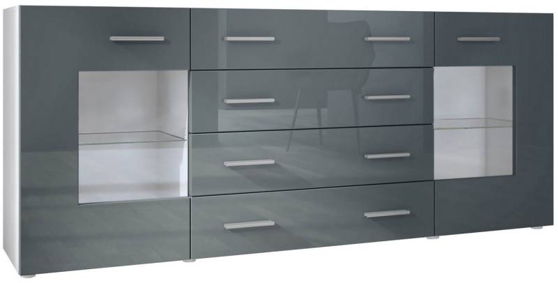 Vladon Sideboard Grömitz V2 (Kommode mit 2 Türen, 4 Schubladen und 2 flexible Glaseinlegeböden), Weiß matt/Grau Hochglanz (166 x 72 x 35) von Vladon