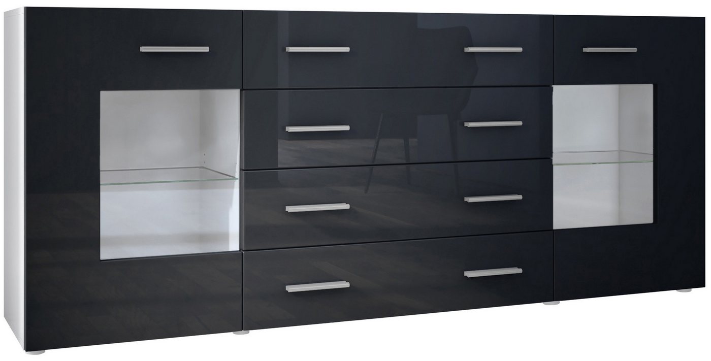 Vladon Sideboard Grömitz (Kommode mit 2 Türen, 4 Schubladen und 2 flexible Glaseinlegeböden), Weiß matt/Schwarz Hochglanz (166 x 72 x 35) von Vladon