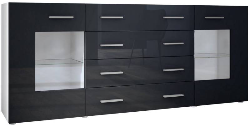 Vladon Sideboard Grömitz V2 (Kommode mit 2 Türen, 4 Schubladen und 2 flexible Glaseinlegeböden), Weiß matt/Schwarz Hochglanz (166 x 72 x 35) von Vladon