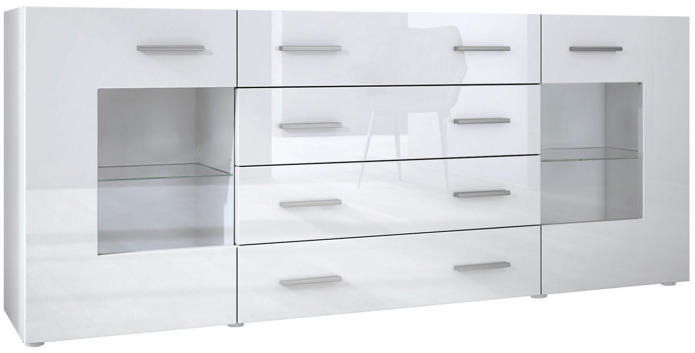 Vladon Sideboard Grömitz (Kommode mit 2 Türen, 4 Schubladen und 2 flexible Glaseinlegeböden), Weiß matt/Weiß Hochglanz (166 x 72 x 35) von Vladon