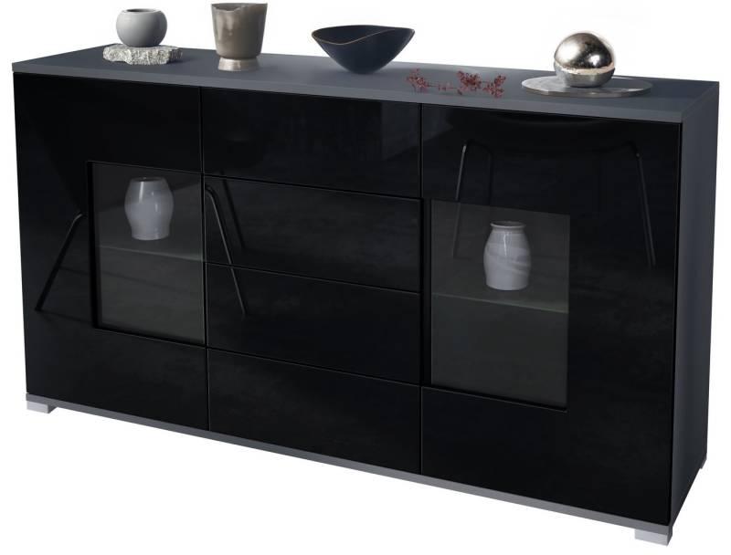 Vladon Sideboard Grömitz V1 (Kommode mit 2 Türen, 4 Schubladen und 2 flexible Glaseinlegeböden), Anthrazit matt/Schwarz Hochglanz (138,5 x 75,5 x 35) von Vladon