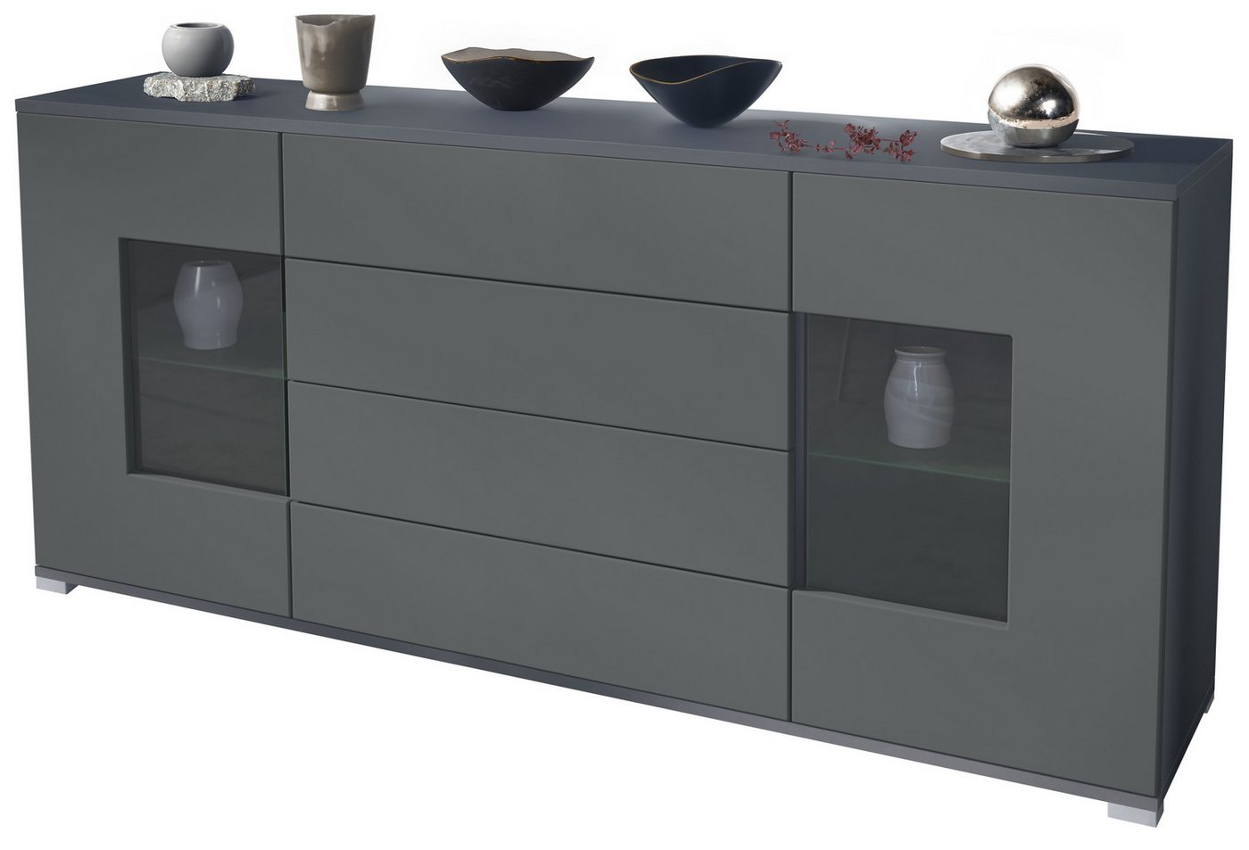 Vladon Sideboard Grömitz V2 (Kommode mit 2 Türen, 4 Schubladen und 2 flexible Glaseinlegeböden), Anthrazit matt/Graphit Seidenmatt (166,5 x 75,5 x 35) von Vladon