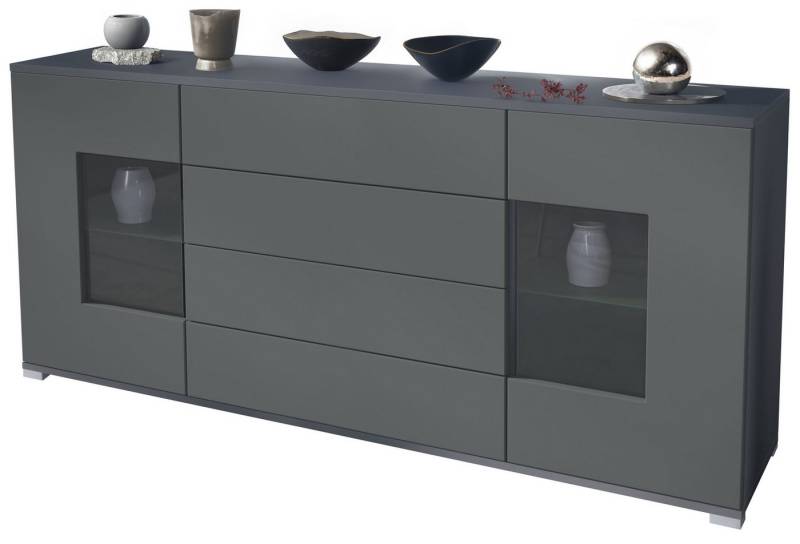 Vladon Sideboard Grömitz V2 (Kommode mit 2 Türen, 4 Schubladen und 2 flexible Glaseinlegeböden), Anthrazit matt/Graphit Seidenmatt (166,5 x 75,5 x 35) von Vladon