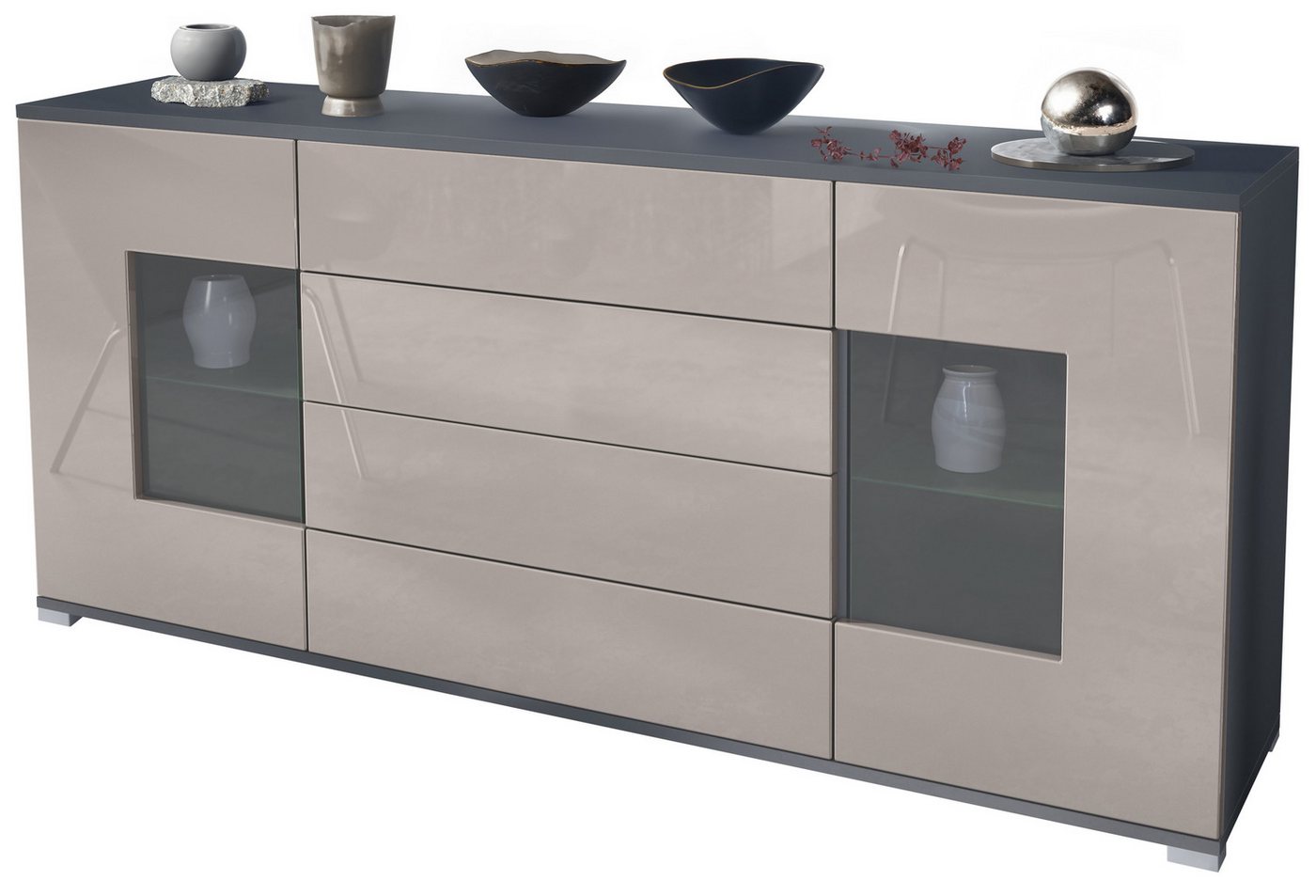 Vladon Sideboard Grömitz V2 (Kommode mit 2 Türen, 4 Schubladen und 2 flexible Glaseinlegeböden), Anthrazit matt/Sandgrau Hochglanz (166,5 x 75,5 x 35) von Vladon