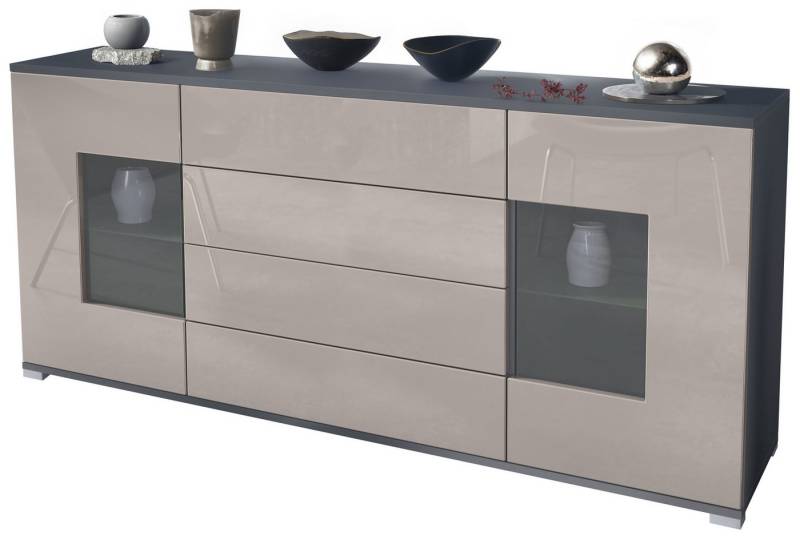 Vladon Sideboard Grömitz V2 (Kommode mit 2 Türen, 4 Schubladen und 2 flexible Glaseinlegeböden), Anthrazit matt/Sandgrau Hochglanz (166,5 x 75,5 x 35) von Vladon
