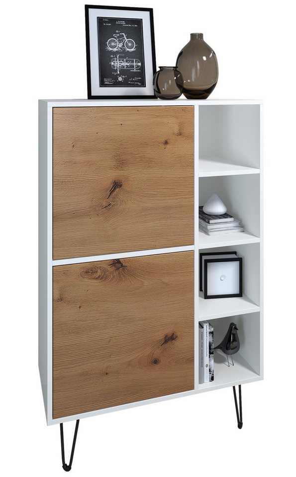 Vladon Sideboard Havana V1 (Schrank mit 2 Türen und 4 offene Fächer, Kommode Made in Germany), Weiß matt / Weiß matt (124 x 79 x 35 cm) von Vladon