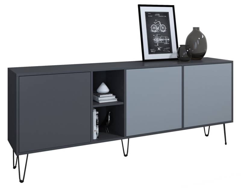 Vladon Sideboard Havana (TV-Schrank mit 3 Türen und 2 offene Fächer, Kommode Made in Germany), Anthrazit matt / Denim matt (181,5 x 73 x 35 cm) von Vladon
