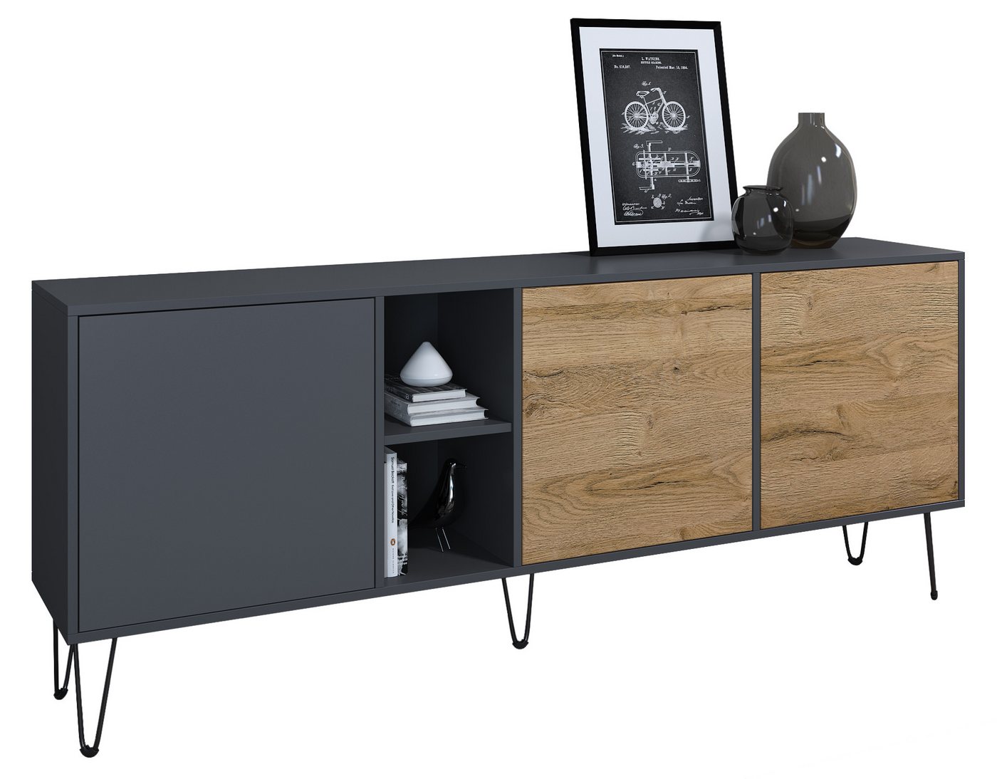 Vladon Sideboard Havana (TV-Schrank mit 3 Türen und 2 offene Fächer, Kommode Made in Germany), Anthrazit matt / Eiche Natur (181,5 x 73 x 35 cm) von Vladon