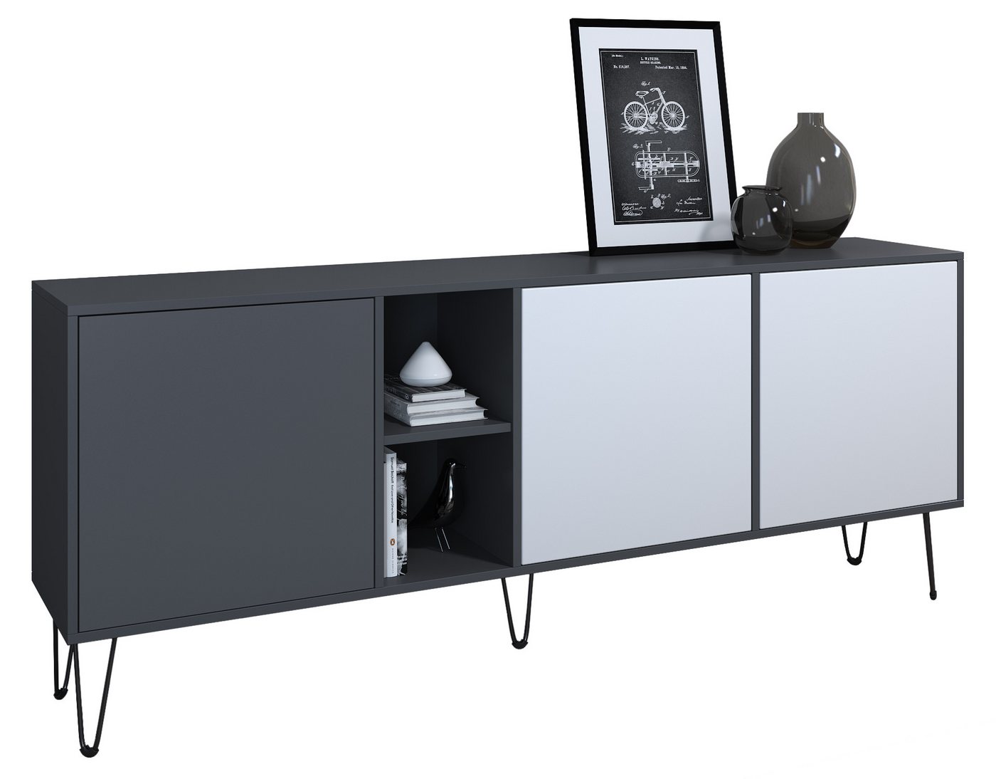 Vladon Sideboard Havana (TV-Schrank mit 3 Türen und 2 offene Fächer, Kommode Made in Germany), Anthrazit matt / Weiß matt (181,5 x 73 x 35 cm) von Vladon