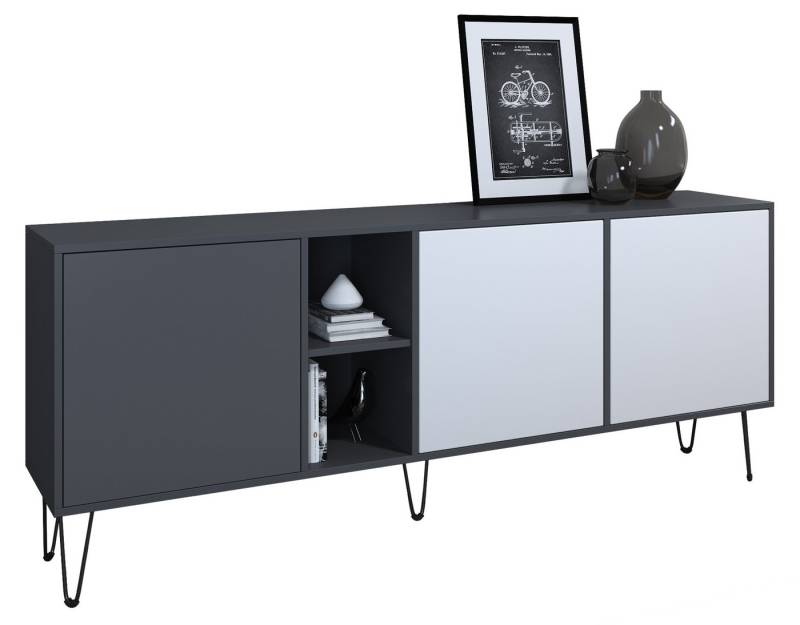 Vladon Sideboard Havana (TV-Schrank mit 3 Türen und 2 offene Fächer, Kommode Made in Germany), Anthrazit matt / Weiß matt (181,5 x 73 x 35 cm) von Vladon