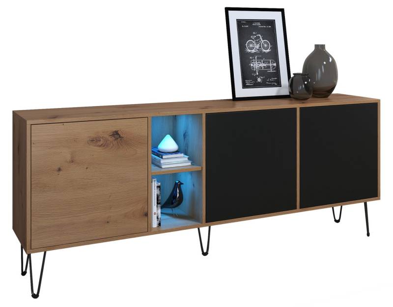 Vladon Sideboard Havana (TV-Schrank mit 3 Türen und 2 offene Fächer, Kommode Made in Germany), Eiche Evoke / Schwarz matt (181,5 x 73 x 35 cm) von Vladon