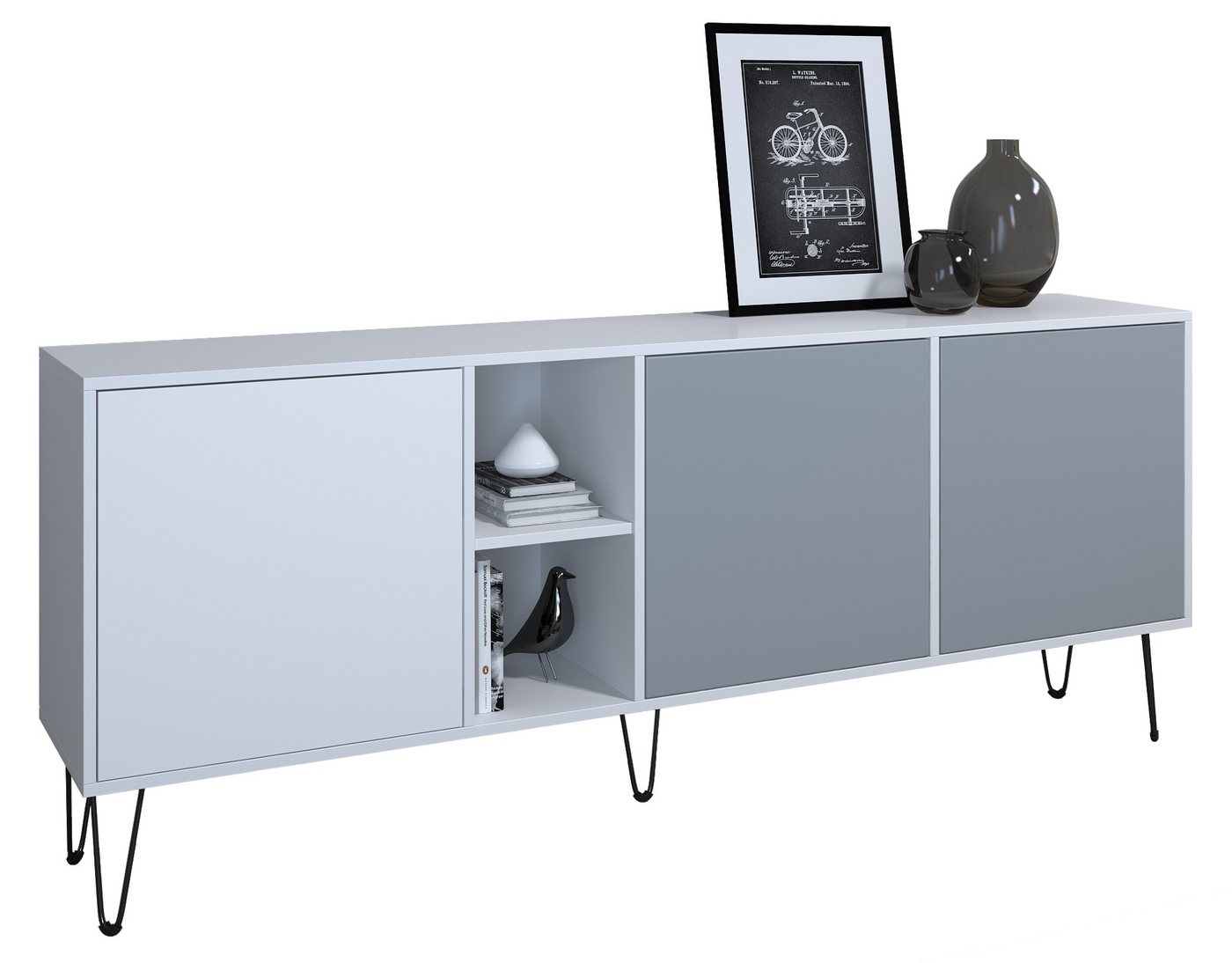 Vladon Sideboard Havana (TV-Schrank mit 3 Türen und 2 offene Fächer, Kommode Made in Germany), Weiß matt / Weiß matt (181,5 x 73 x 35 cm) von Vladon