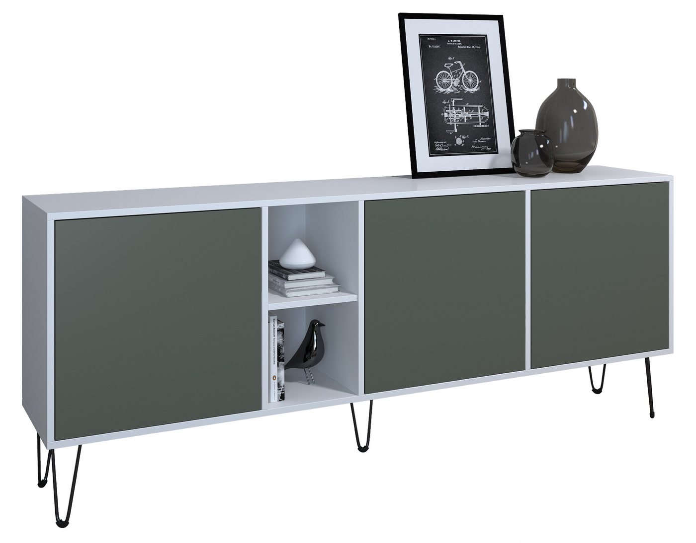 Vladon Sideboard Havana (TV-Schrank mit 3 Türen und 2 offene Fächer, Kommode Made in Germany), Weiß matt / Weiß matt (181,5 x 73 x 35 cm) von Vladon