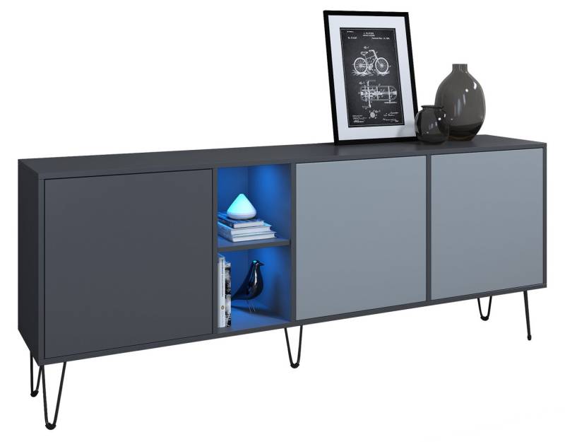 Vladon Sideboard Havana (TV-Schrank mit 3 Türen und 2 offene Fächer, Kommode mit LED, Made in Germany), Anthrazit matt / Denim matt (181,5 x 73 x 35 cm) von Vladon