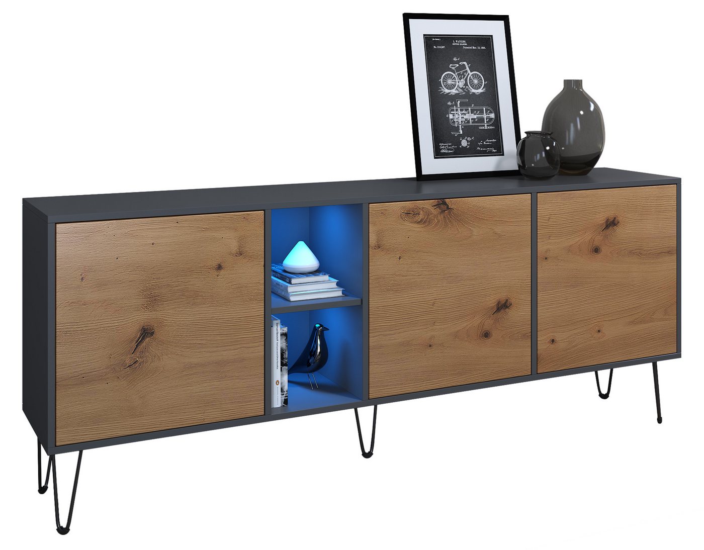 Vladon Sideboard Havana (TV-Schrank mit 3 Türen und 2 offene Fächer, Kommode mit LED, Made in Germany), Anthrazit matt / Eiche Evoke (181,5 x 73 x 35 cm) von Vladon