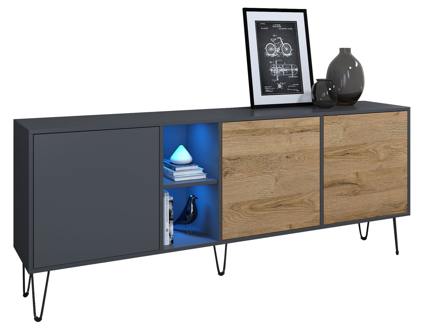 Vladon Sideboard Havana (TV-Schrank mit 3 Türen und 2 offene Fächer, Kommode mit LED, Made in Germany), Anthrazit matt / Eiche Natur (181,5 x 73 x 35 cm) von Vladon