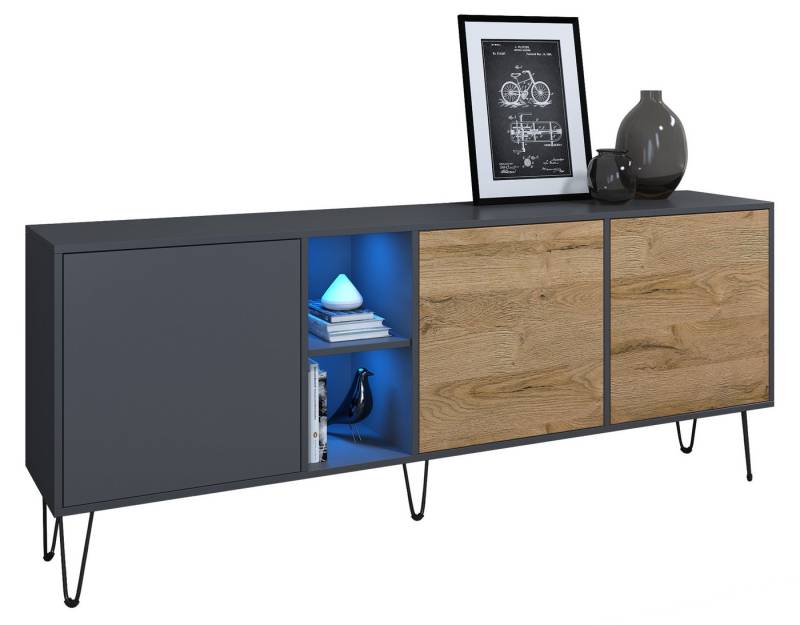 Vladon Sideboard Havana (TV-Schrank mit 3 Türen und 2 offene Fächer, Kommode mit LED, Made in Germany), Anthrazit matt / Eiche Natur (181,5 x 73 x 35 cm) von Vladon