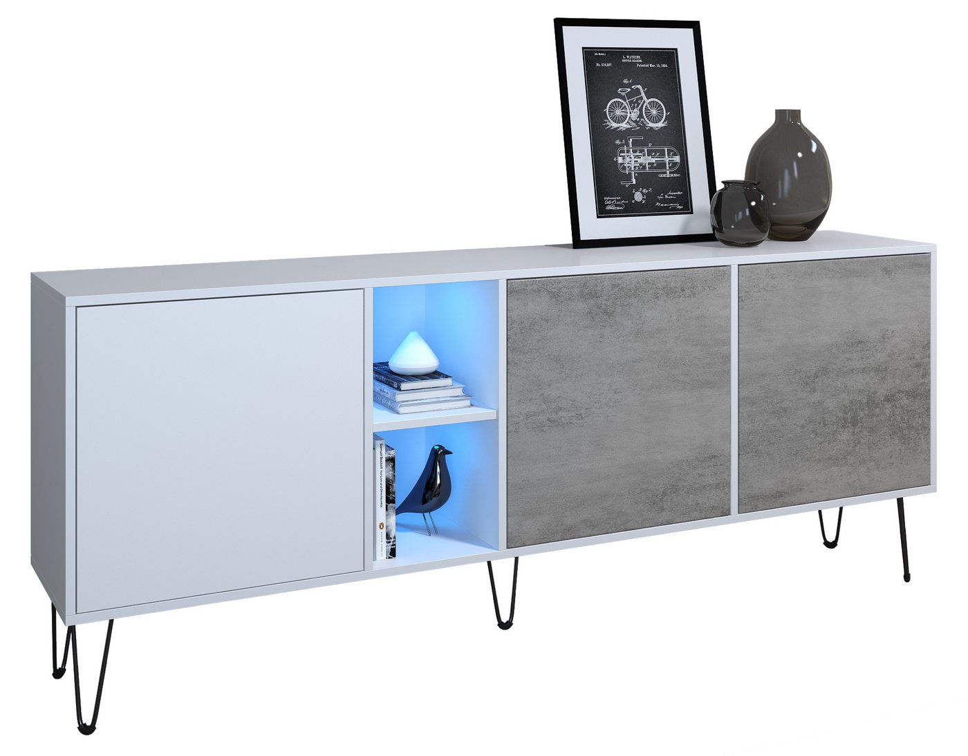 Vladon Sideboard Havana (TV-Schrank mit 3 Türen und 2 offene Fächer, Kommode mit LED, Made in Germany), Weiß matt / Beton Oxid Optik (181,5 x 73 x 35 cm) von Vladon