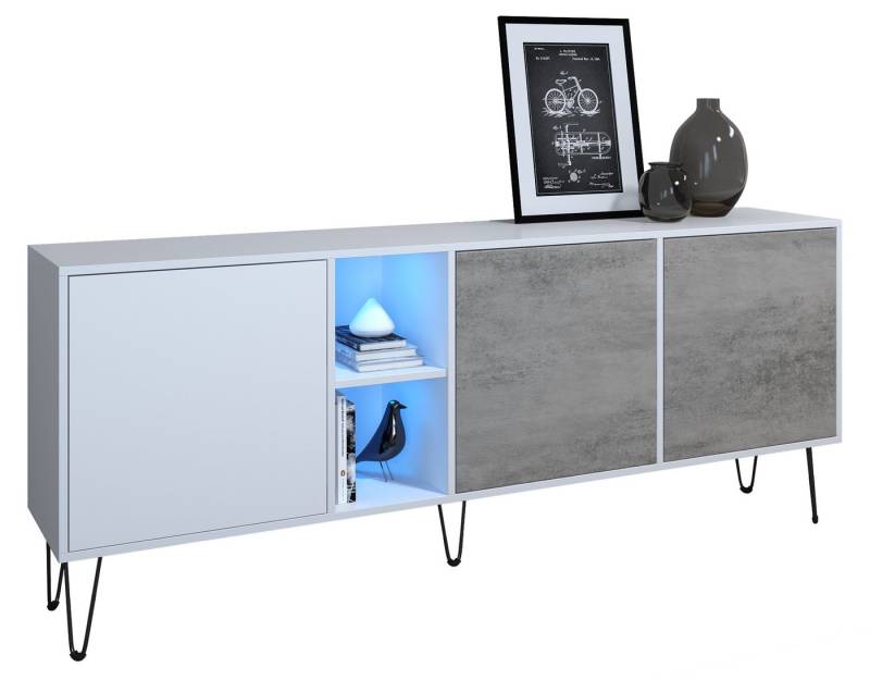 Vladon Sideboard Havana (TV-Schrank mit 3 Türen und 2 offene Fächer, Kommode mit LED, Made in Germany), Weiß matt / Beton Oxid Optik (181,5 x 73 x 35 cm) von Vladon