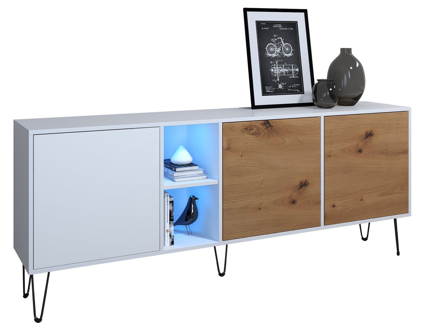 Vladon Sideboard Havana (TV-Schrank mit 3 Türen und 2 offene Fächer, Kommode mit LED, Made in Germany), Weiß matt / Eiche Evoke (181,5 x 73 x 35 cm) von Vladon