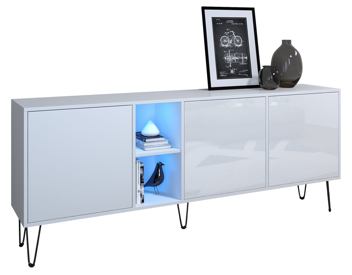 Vladon Sideboard Havana (TV-Schrank mit 3 Türen und 2 offene Fächer, Kommode mit LED, Made in Germany), Weiß matt / Weiß Hochglanz (181,5 x 73 x 35 cm) von Vladon