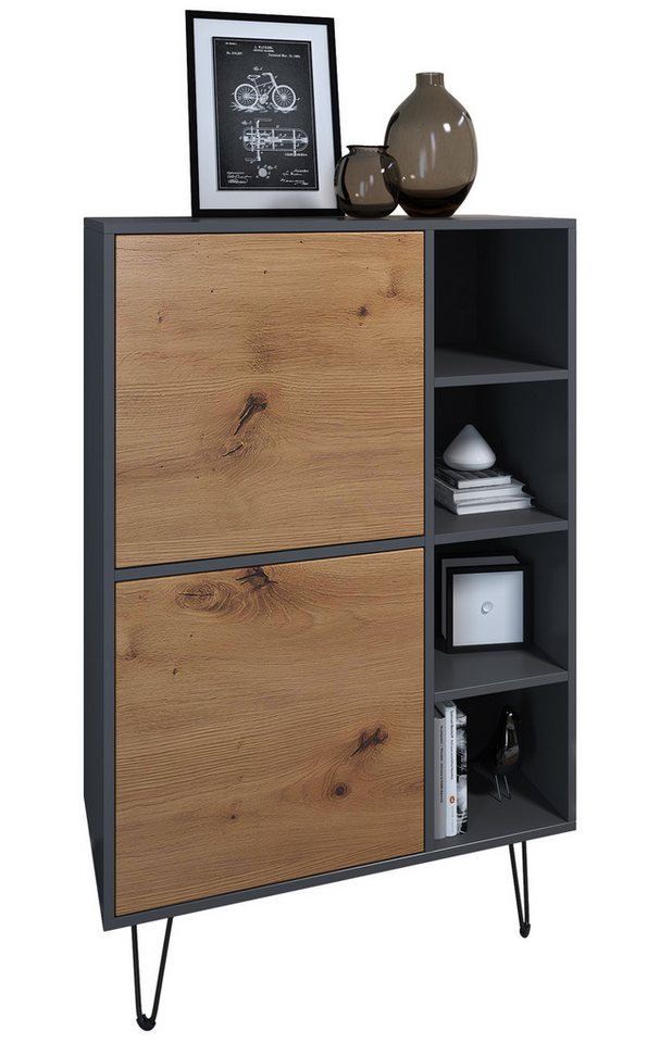 Vladon Sideboard Havana V1 (Schrank mit 2 Türen und 4 offene Fächer, Kommode Made in Germany), Anthrazit matt / Anthrazit matt (124 x 79 x 35 cm) von Vladon