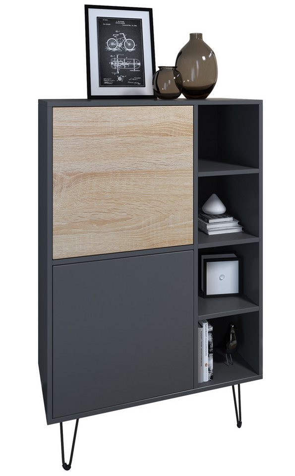 Vladon Sideboard Havana V1 (Schrank mit 2 Türen und 4 offene Fächer, Kommode Made in Germany), Anthrazit matt / Anthrazit matt (124 x 79 x 35 cm) von Vladon
