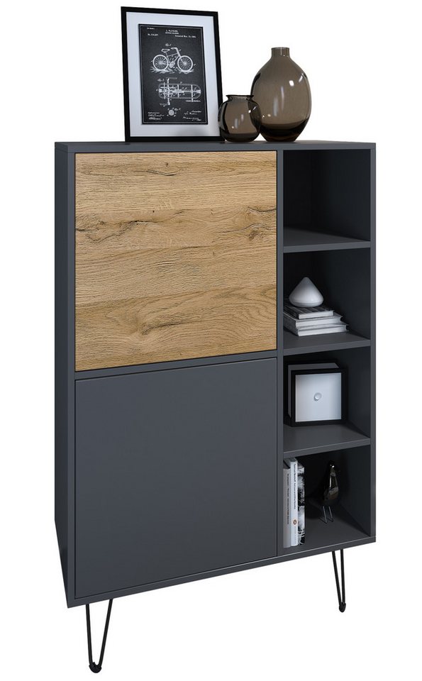 Vladon Sideboard Havana V1 (Schrank mit 2 Türen und 4 offene Fächer, Kommode Made in Germany), Anthrazit matt / Anthrazit matt (124 x 79 x 35 cm) von Vladon