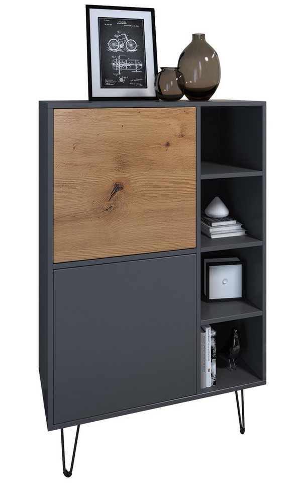 Vladon Sideboard Havana V1 (Schrank mit 2 Türen und 4 offene Fächer, Kommode Made in Germany), Anthrazit matt / Anthrazit matt (124 x 79 x 35 cm) von Vladon