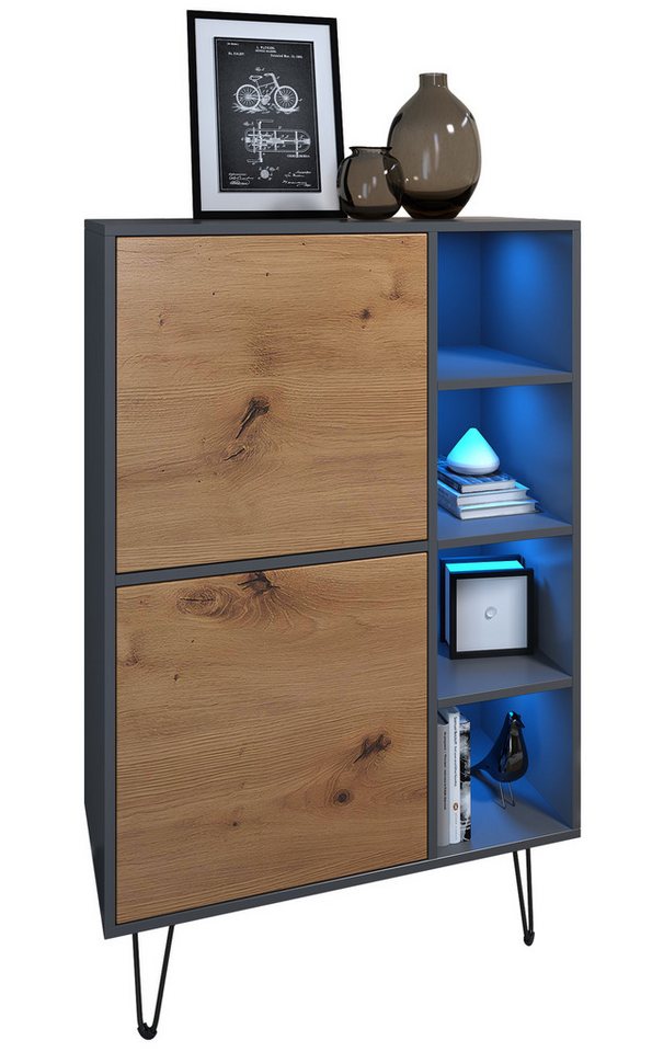 Vladon Sideboard Havana V1 (Sideboard mit 2 Türen und 4 offene Fächer, Kommode mit LED, Made in Germany), Anthrazit matt / Anthrazit matt (124 x 79 x 35 cm) von Vladon