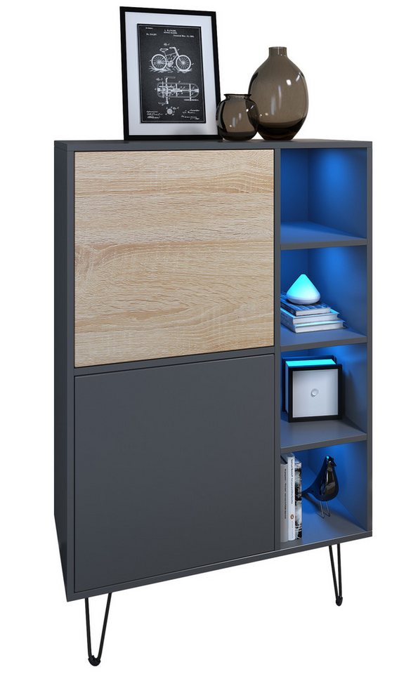 Vladon Sideboard Havana V1 (Sideboard mit 2 Türen und 4 offene Fächer, Kommode mit LED, Made in Germany), Anthrazit matt / Anthrazit matt (124 x 79 x 35 cm) von Vladon