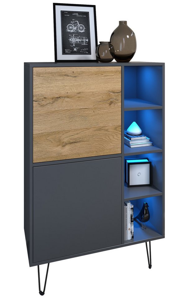Vladon Sideboard Havana V1 (Sideboard mit 2 Türen und 4 offene Fächer, Kommode mit LED, Made in Germany), Anthrazit matt / Anthrazit matt (124 x 79 x 35 cm) von Vladon