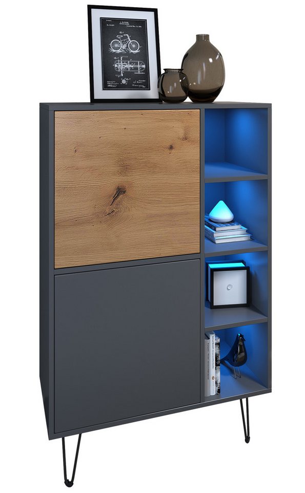 Vladon Sideboard Havana V1 (Sideboard mit 2 Türen und 4 offene Fächer, Kommode mit LED, Made in Germany), Anthrazit matt / Anthrazit matt (124 x 79 x 35 cm) von Vladon