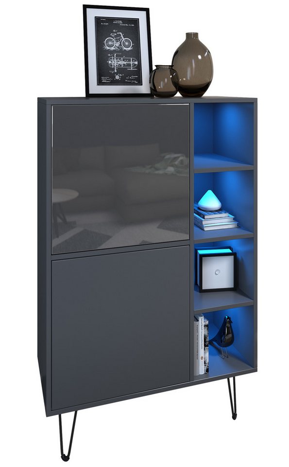 Vladon Sideboard Havana V1 (Sideboard mit 2 Türen und 4 offene Fächer, Kommode mit LED, Made in Germany), Anthrazit matt / Anthrazit matt (124 x 79 x 35 cm) von Vladon