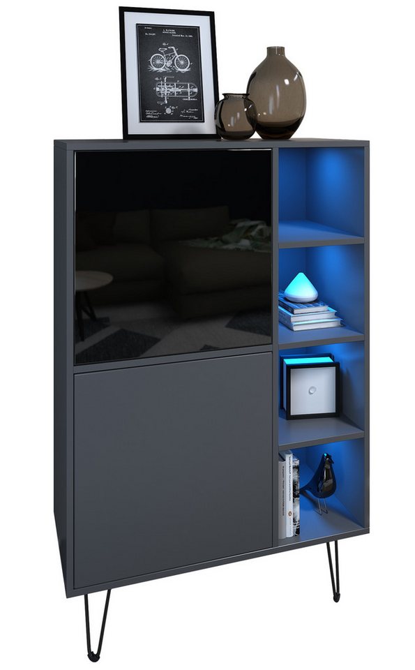 Vladon Sideboard Havana V1 (Sideboard mit 2 Türen und 4 offene Fächer, Kommode mit LED, Made in Germany), Anthrazit matt / Anthrazit matt (124 x 79 x 35 cm) von Vladon