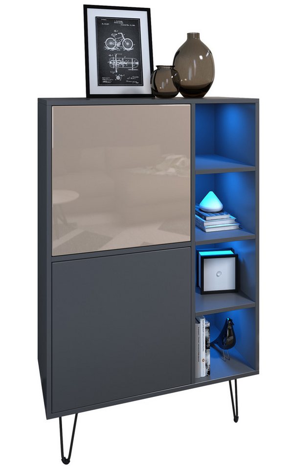 Vladon Sideboard Havana V1 (Sideboard mit 2 Türen und 4 offene Fächer, Kommode mit LED, Made in Germany), Anthrazit matt / Anthrazit matt (124 x 79 x 35 cm) von Vladon