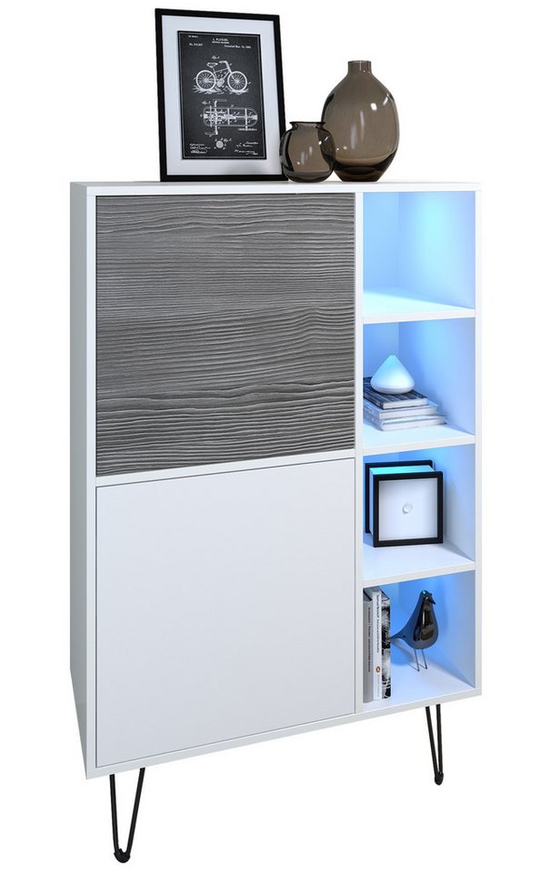 Vladon Sideboard Havana V1 (Sideboard mit 2 Türen und 4 offene Fächer, Kommode mit LED, Made in Germany), Weiß matt / Weiß matt (124 x 79 x 35 cm) von Vladon