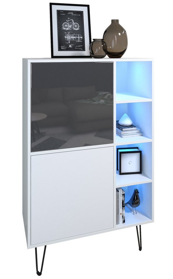 Vladon Sideboard Havana V1 (Sideboard mit 2 Türen und 4 offene Fächer, Kommode mit LED, Made in Germany), Weiß matt / Weiß matt (124 x 79 x 35 cm) von Vladon
