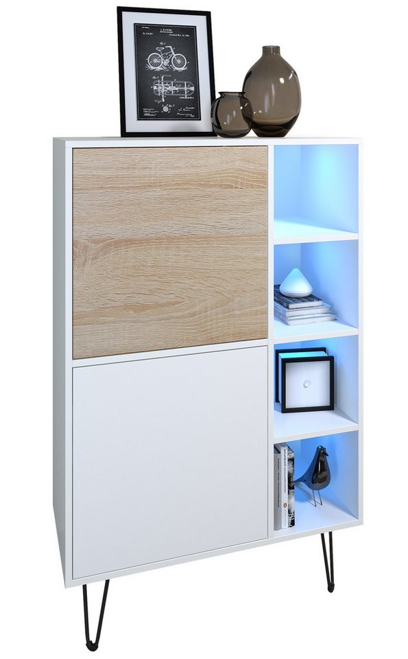 Vladon Sideboard Havana V1 (Sideboard mit 2 Türen und 4 offene Fächer, Kommode mit LED, Made in Germany), Weiß matt / Weiß matt (124 x 79 x 35 cm) von Vladon