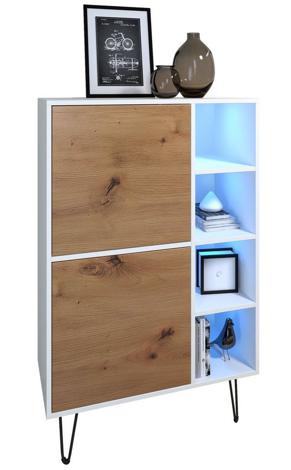 Vladon Sideboard Havana V1 (Sideboard mit 2 Türen und 4 offene Fächer, Kommode mit LED, Made in Germany), Weiß matt / Weiß matt (124 x 79 x 35 cm) von Vladon