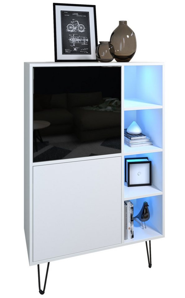 Vladon Sideboard Havana V1 (Sideboard mit 2 Türen und 4 offene Fächer, Kommode mit LED, Made in Germany), Weiß matt / Weiß matt (124 x 79 x 35 cm) von Vladon