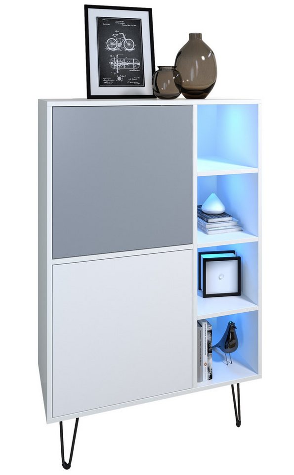 Vladon Sideboard Havana V1 (Sideboard mit 2 Türen und 4 offene Fächer, Kommode mit LED, Made in Germany), Weiß matt / Weiß matt (124 x 79 x 35 cm) von Vladon